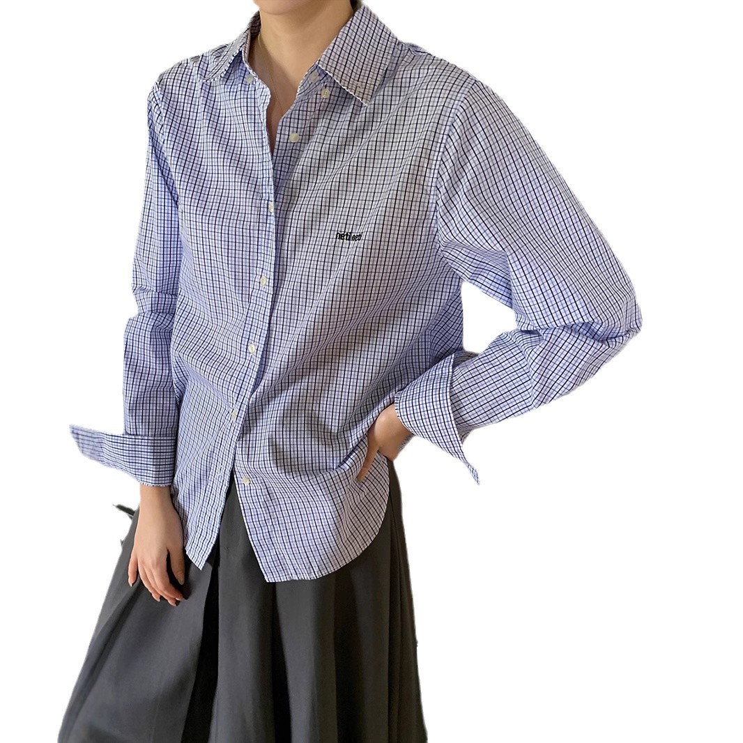 파란 격자 무늬 셔츠 코트 여성의 가을 2024 새로운 디자인 센스 틈새 셔츠 캐주얼 느슨한 긴 소매 탑