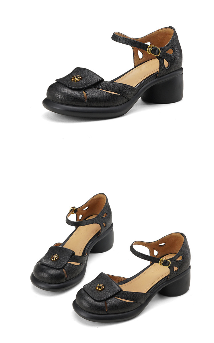 Sandal nữ đế dày 5cm gót hoa trà quai ngang khóa mũi — đen chi tiết 15