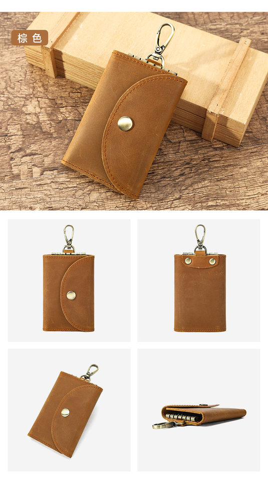 Túi đựng chìa khóa kiêm ví đựng thẻ da bò thật 7,5×1,5×11 cm — Cà phê đậm, nâu chi tiết 18
