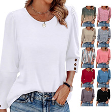 Women's Print 3/4 Sleeve Button Down Round Neck T-Shirt