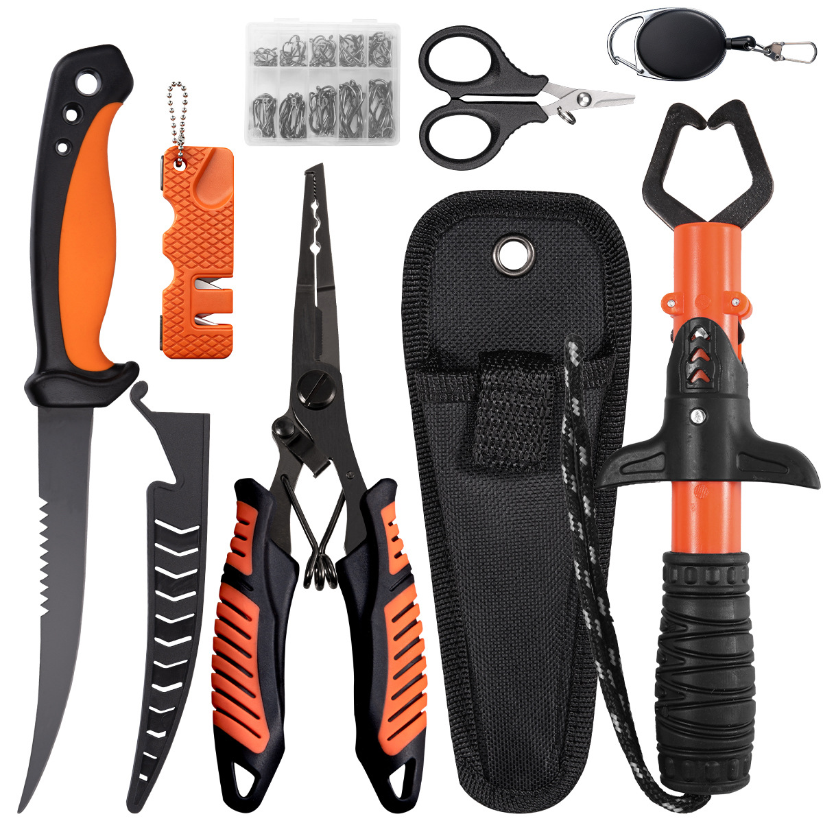 In-Stock Amazon Hot-Selling Fishing Tool Set: Fish Control Tool, Serrated Fish Knife, Fish Hook, Scissors, Retractable Fishing Gear