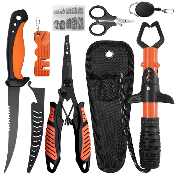In-Stock Amazon Hot-Selling Fishing Tool Set: Fish Control Tool, Serrated Fish Knife, Fish Hook, Scissors, Retractable Fishing Gear