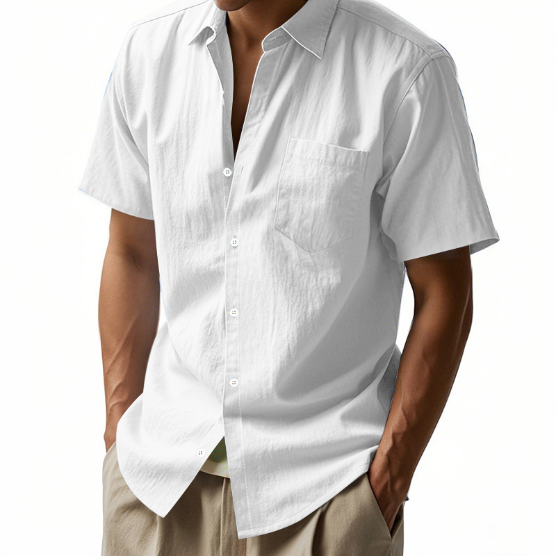Chemise en lin uni neuve, manches courtes, col rabattu, coupe ample, décontractée, avec poches, style américain._voghion.com