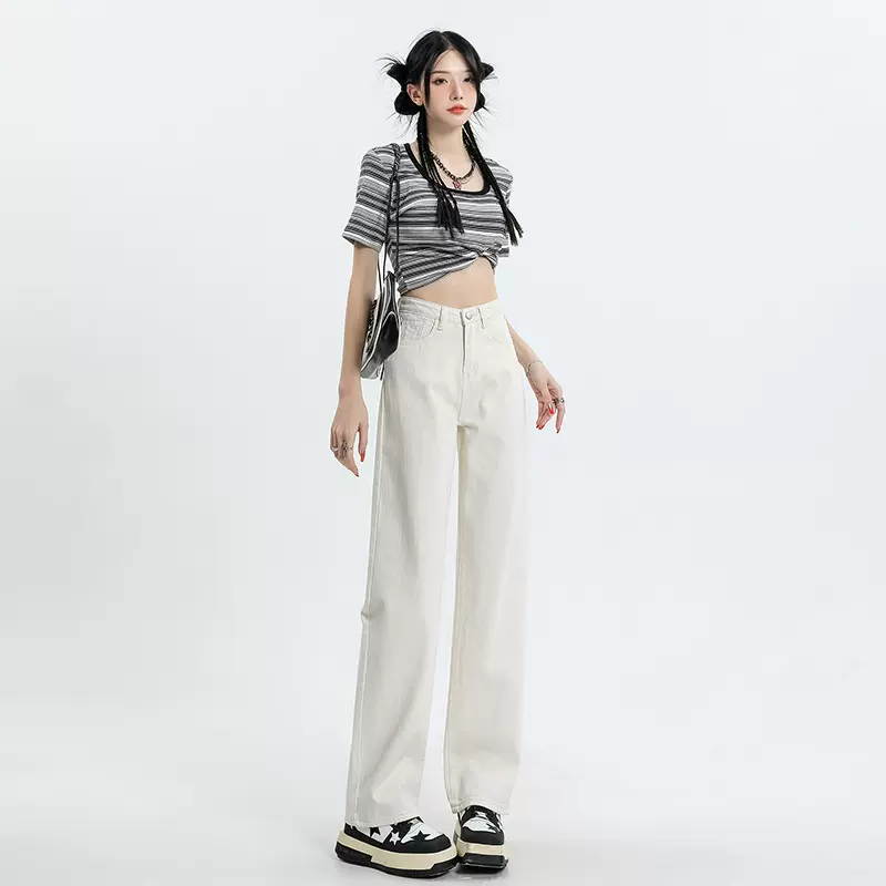 白色小个子窄版直筒牛仔裤女春秋2025高腰阔腿裤宽松垂感拖地裤子