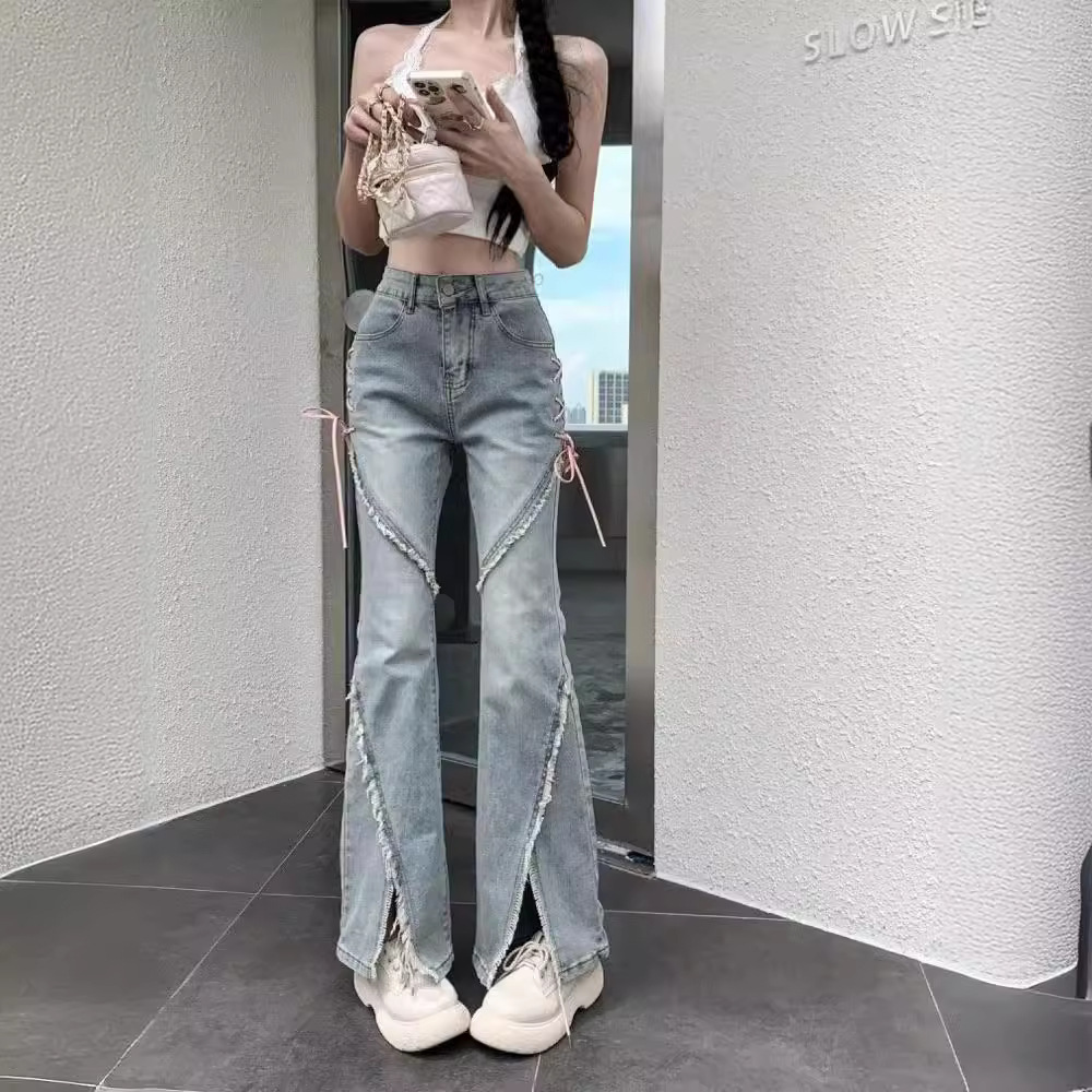 2023 New Jeans Women's Spring and Summer Vintage Spice Girl Niche Design Irregular Slit Micro-horn Long Pants
