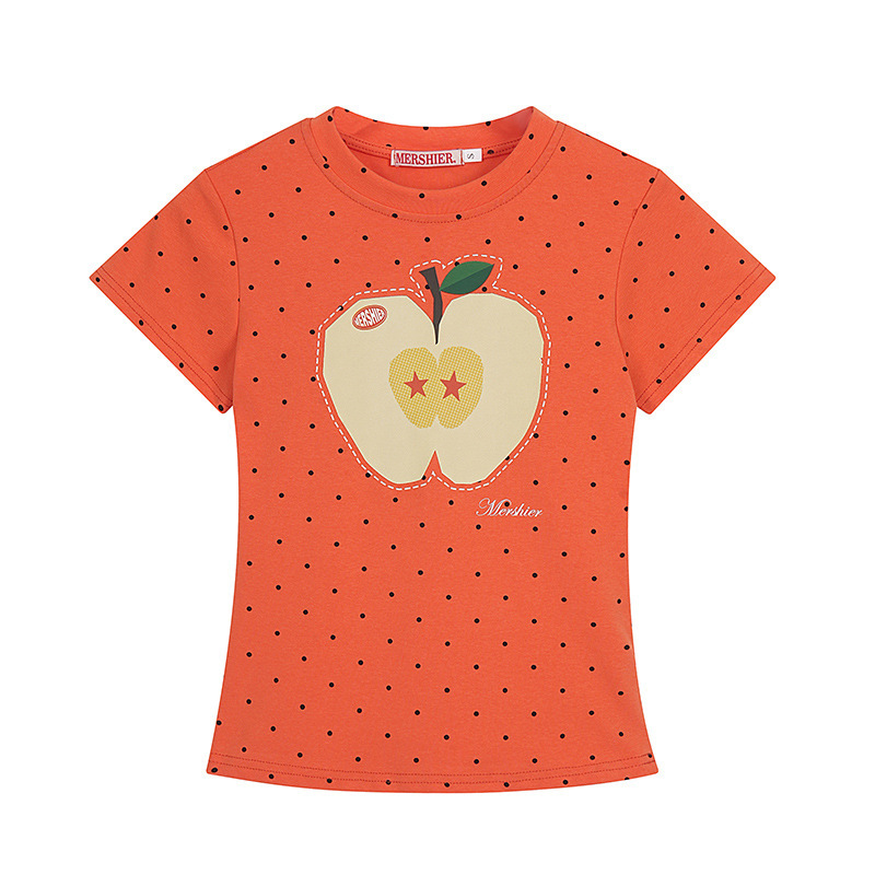 American Retro Style Polka Dot Short-Sleeve T-Shirt for Women, Summer 2026 Dopamine Slim-Fit Orange Top