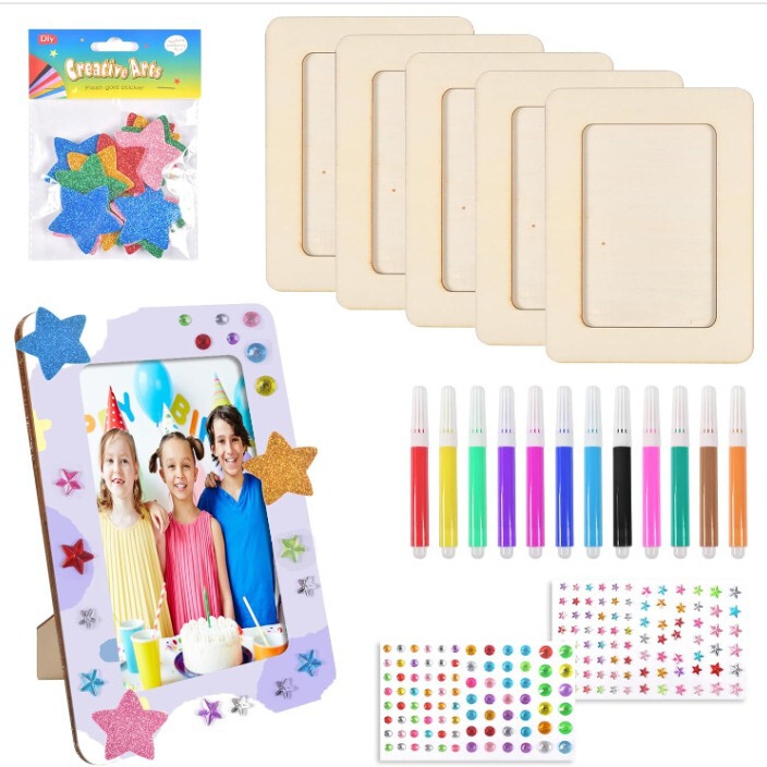 Children's Creative Stickers, Heart-Shaped and Five-Pointed Stars, Colored Pens, Wooden Photo Frame, DIY Children's Handmade Wooden 6inch Photo Frame