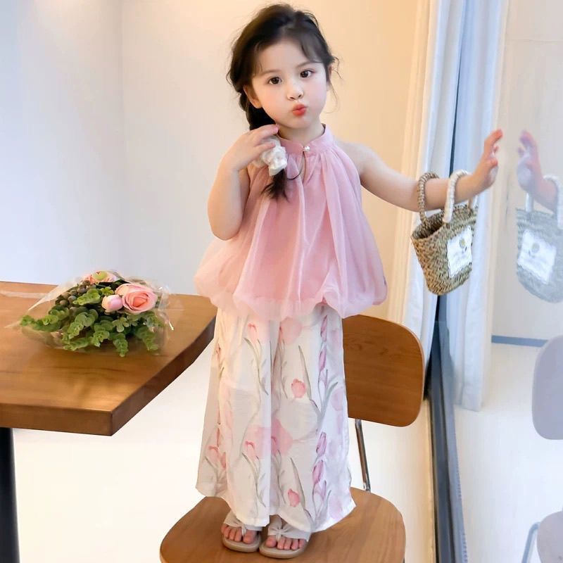 Trendy Girl Outfit Summer New Sleeveless Vest Top Floral Pants Mosquito-Proof Cropped Wide-Leg Pants for Girls