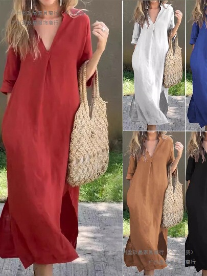 European and American Cross-Border Dress 2026 New Casual Simple Style with Side Slits and Pockets, Three-Quarter Sleeves, Loose Mid-Length Dress European and American Cross-Border Dress 2026 New Casual Simple Style with Side Slits and Pockets, Three-Quarter Sleeves, Loose Mid-Length Dress