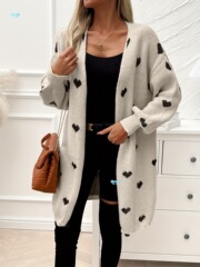 Cozy Heart Pattern Knitted Cardigan Soft Casual Long针织开衫