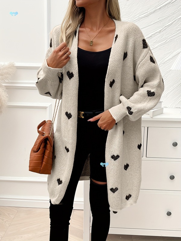 Cozy Heart Pattern Knitted Cardigan Soft Casual Long针织开衫|undefined