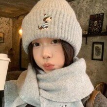 小狗汪汪~陈奶奶/纯色厚围巾帽子女保暖防寒刺绣百搭韩系围巾帽子