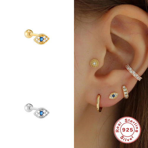 S925 sterling silver single evil eye diamond pierced cartilage earrings cross-border best-selling personalized evil eye earrings