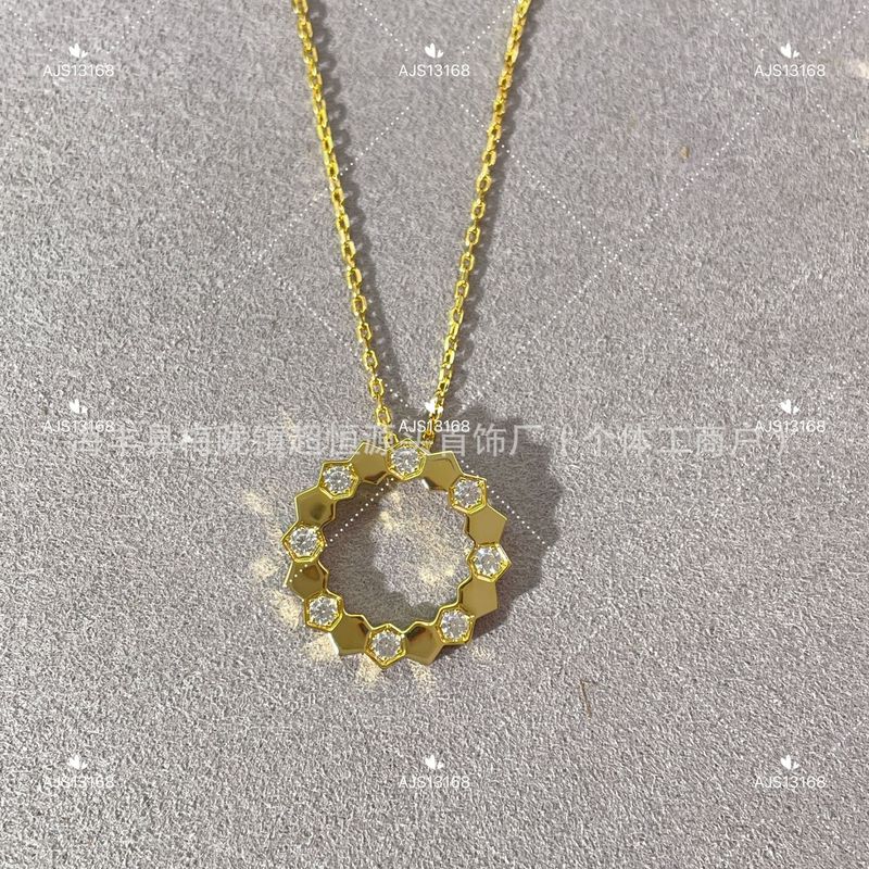 高版V金新款镀925银蜂巢六边圆形间钻18k玫瑰金高级锁骨项链直播|undefined