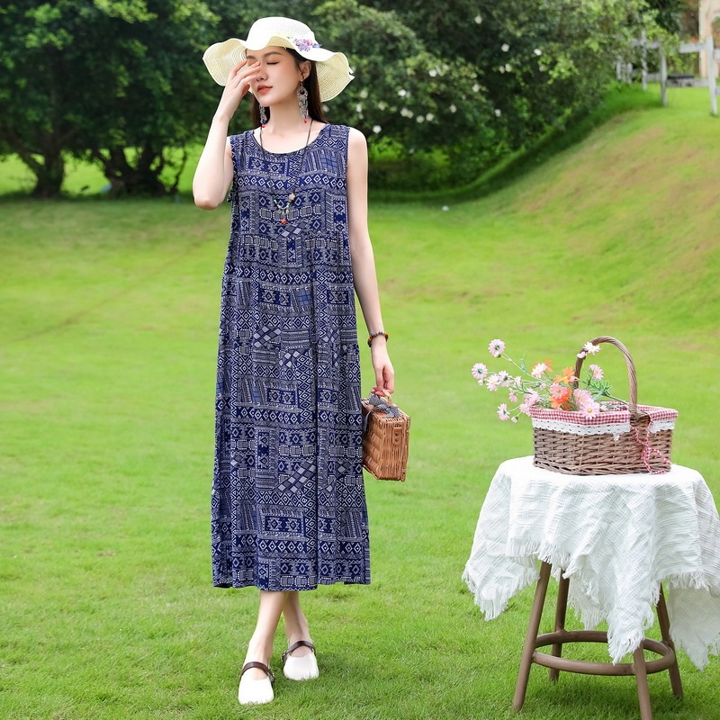 ノースリーブの若い女性の綿シルクドレス夏の海辺の休暇プラスサイズの膝丈ビーチドレス|undefined