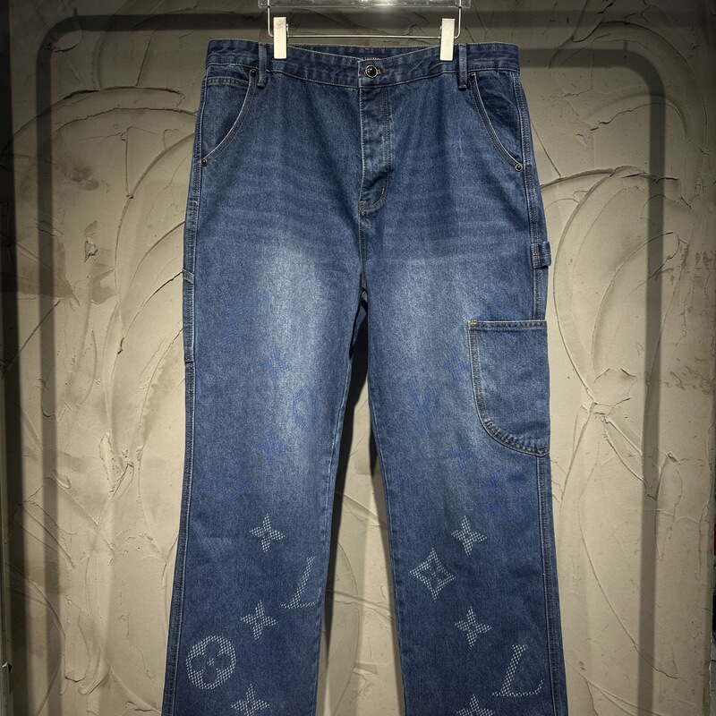 Cross-Border 2025 New Luxury Lightweight Correct Version Heavy-Duty Washed Printed Leather Label Workwear Denim Long Pants Men's Cotton