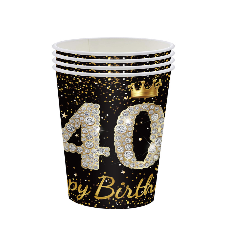 黑金周岁生日派对纸盘21岁30岁100岁纪念日一次性餐盘纸巾桌布|undefined