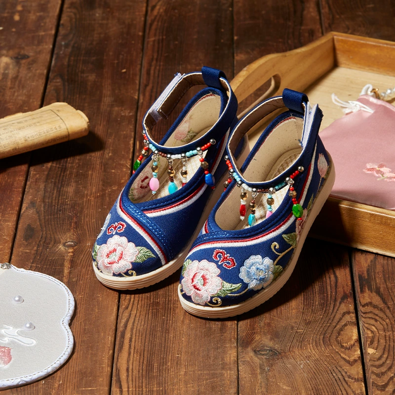 Детские туфли-ханфу на-slip-on D3680, вышивка цветочная, ремешок вокруг щиколотки, 15,2–23 см