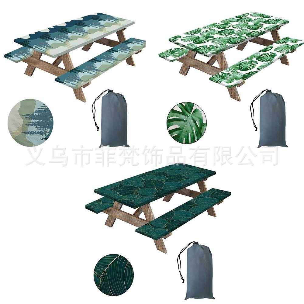 2025 New Three-Piece Patio Table Cover Set Picnic Tablecloth and Stool Cover, Full Polyester Micro-Elastic Table Cover, Waterproof, Oil-Proof, No-Wash