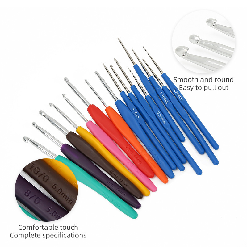 Venta caliente transfronteriza juego de ganchillo de mango suave herramienta de costura y tejido de bricolaje manual 16 juego de ganchillo antideslizante de una sola cabeza