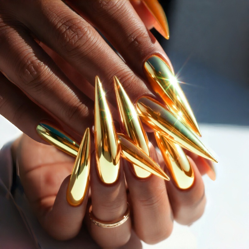 24 pieces of fashionable punk metallic gold mirror high-heel fake nails, ultra-long glossy reflective nail patches, wearable nails