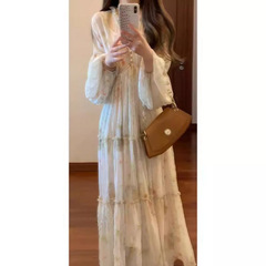 新中式超仙碎花连衣裙春季新款收腰休闲新款女法式绝美长裙子夏女