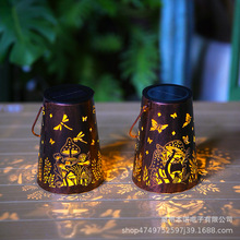 跨境新品铁艺蝴蝶镂空铁艺灯笼太阳能装饰庭院挂灯户外草坪投影灯