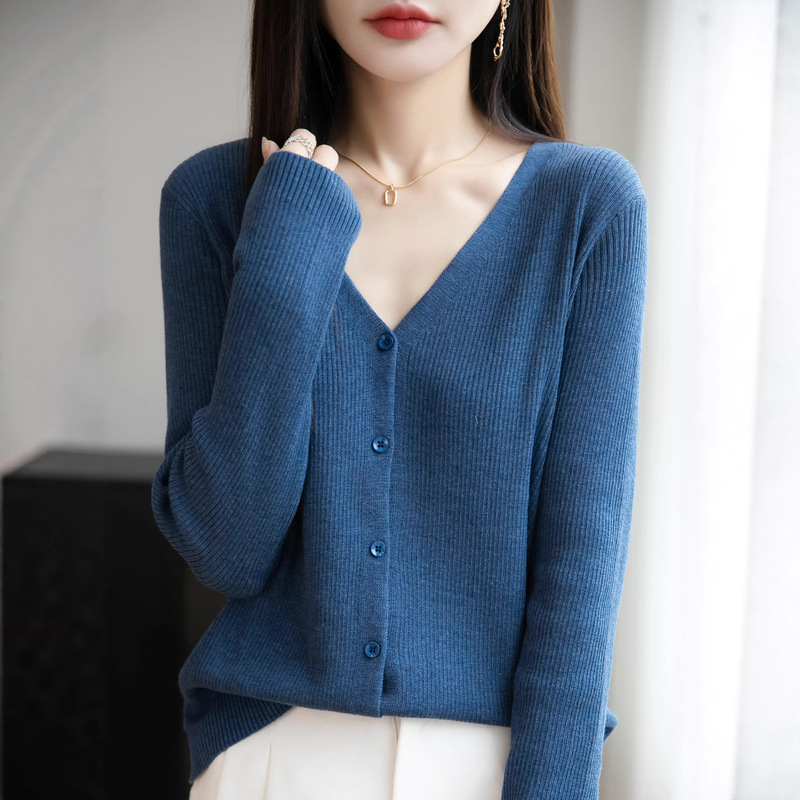 Cross-Border Autumn and Winter Fine-Spun Wool Ribbed V-Neck Cardigan for Women, Korean Style Simple Versatile Sweater Jacket Top, Lazy Style