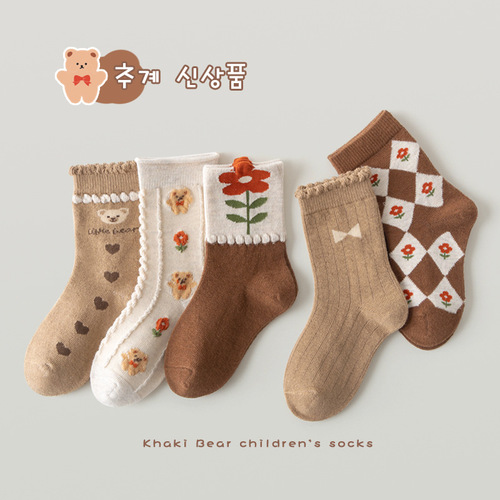  Autumn New Children's Socks Cotton Girls' Socks Mid-Tube Soft Skin-Friendly Cartoon Bear Children's Socks Wholesale