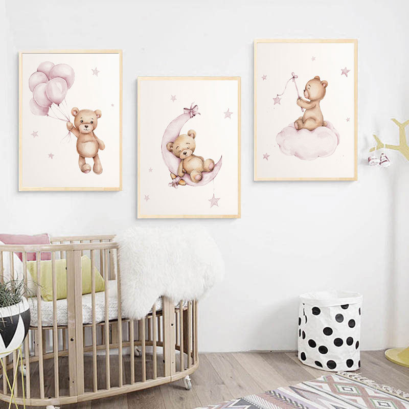 Cartoon Bear Cloud Moon Star Canvas Painting Poster Nordic Baby Bedroom Wall Spray Painting Decoration Hanging Painting Core