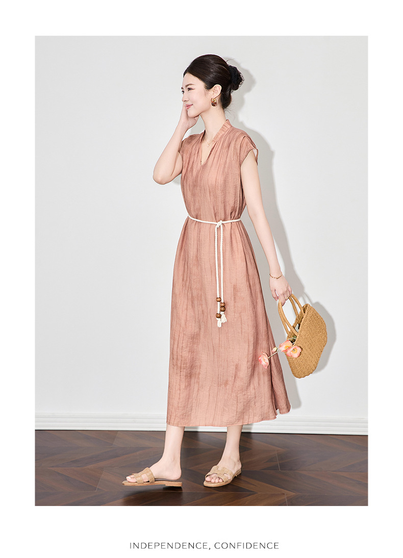 Váy dài nữ họa tiết mực jacquard Tencel phong cách nghỉ dưỡng mùa hè — Màu xanh lam chi tiết 14