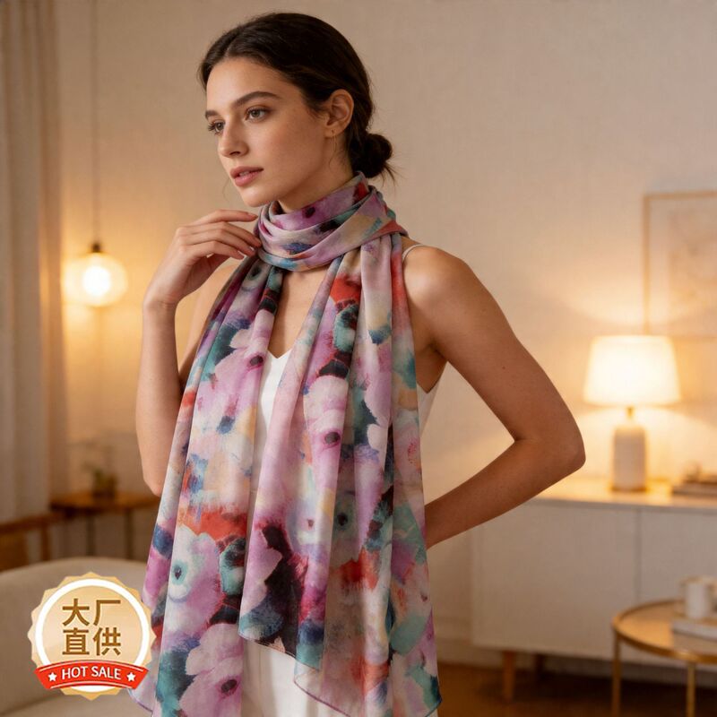 Silk Scarf for Women with Ink Wash Print, Long Silk Scarf, Fashionable and Stylish Shawl, Lightweight and Versatile for Photos Silk Scarf for Women with Ink Wash Print, Long Silk Scarf, Fashionable and Stylish Shawl, Lightweight and Versatile for Photos
