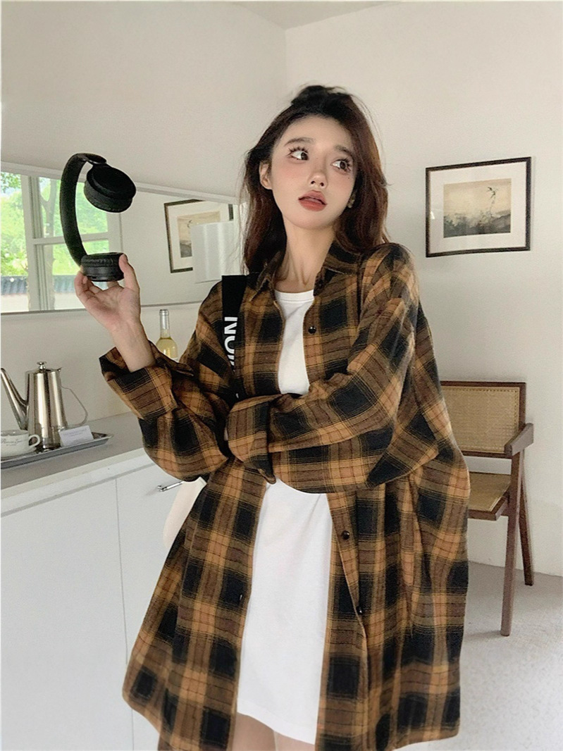 American Retro Brushed Plaid Long-Sleeve Shirt for Women, Spring
