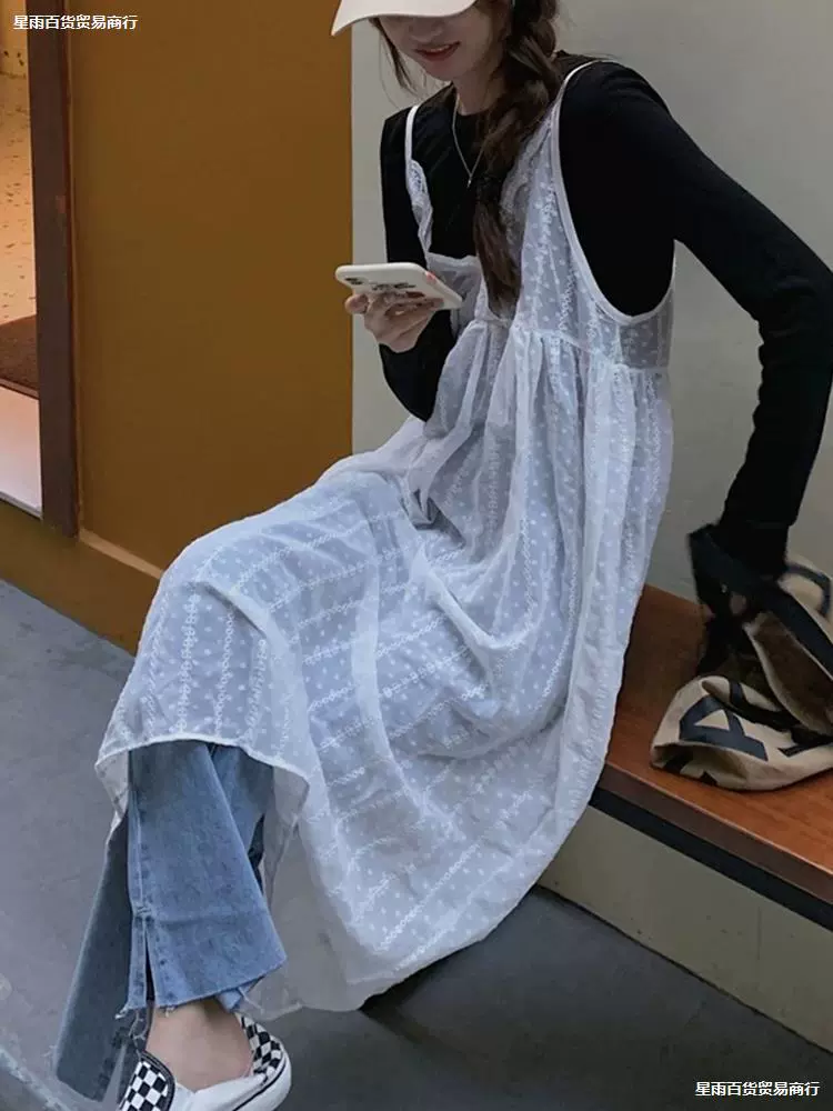 Корейский стиль INS, весенний нишевый дизайн, полое кружевное платье-бретелька, многослойное длинное платье для женщин.