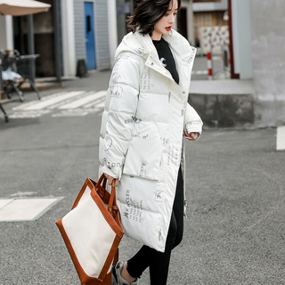 2021新款秋冬棉袄炫彩印花羽绒棉服女过膝免洗亮面棉衣加厚面包服