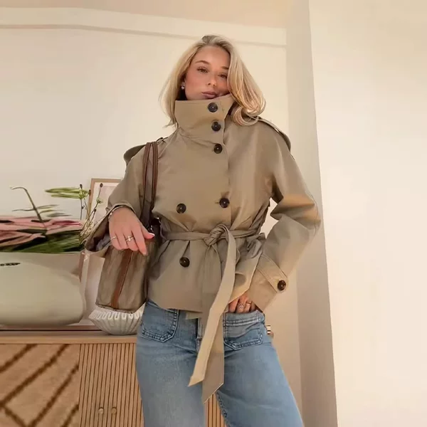 Amazon Foreign Trade 2025 Autumn New Design Stand Collar Lace-Up Double-Breasted Short Trench Coat for Women