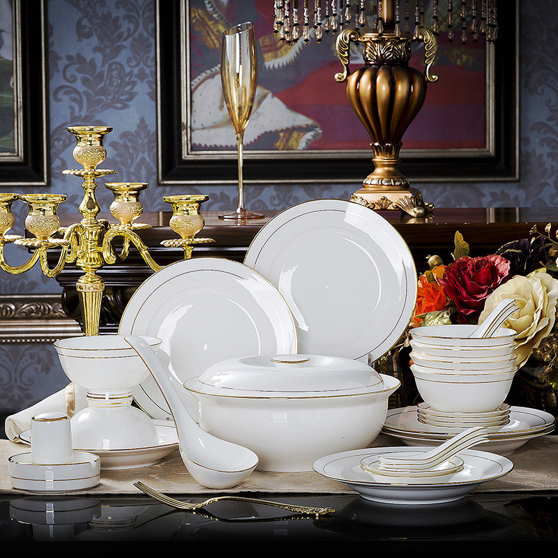 Jingdezhen High-Temperature Non-Toxic Ceramic Bowls and Plates, High Aesthetic Value, Simple Bone China Bowls, Rice Bowls, Dish Plates, Soup Bowls, Cross-Border