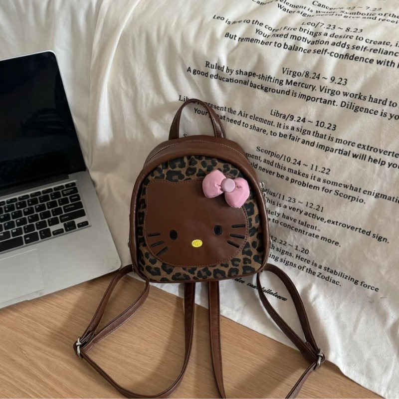 韩版可爱豹纹黑皮蛋仔kitty猫双肩包包早秋新款甜美外出手提背包|undefined