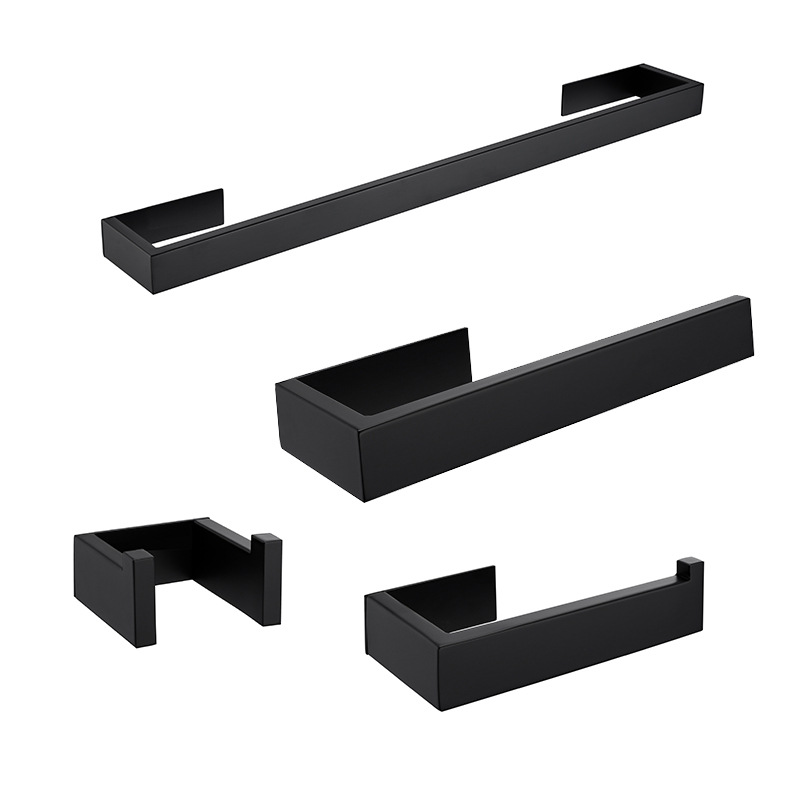 北欧浴室毛巾架免打孔卫生间黑色置物架厕所壁挂不锈钢四件套挂件