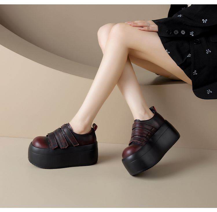 Giày loafer da thật đế xuồng cao 8cm, cổ miệng sâu, khóa Velcro tiện lợi — Màu đen, Màu đỏ chi tiết 12
