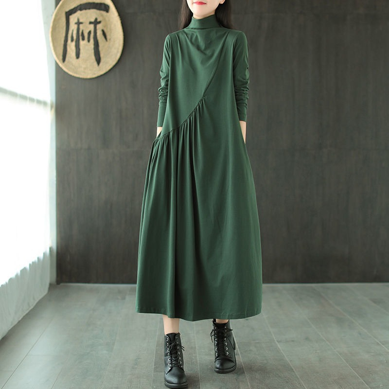 Base Long Sleeve dress 2024 Autumn New Artistic Retro Ethnic Style Loose All-match Half-high Collar Midi Dress