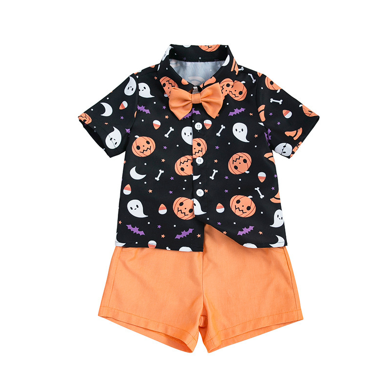 新品男の子ベビーハロウィンパーティー服セット洋気蝶結びプリントかぼちゃシャツショートパンツ2点セット|undefined
