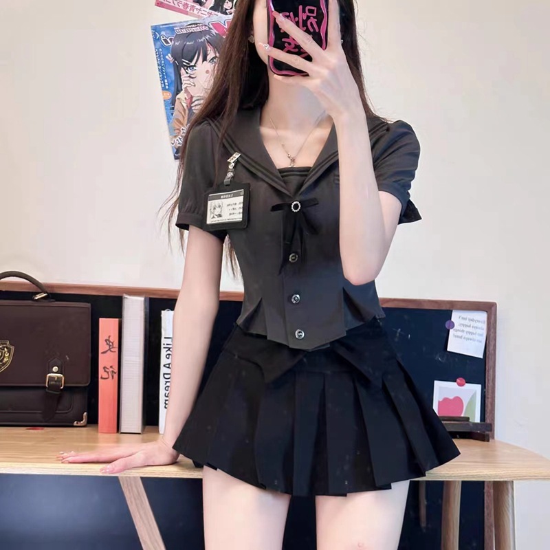 연인 소녀 블랙 그레이 미국 아카데미 스타일 원단 돼지 새로운 허리 슬리밍 선원 칼라 주름 스커트 JK