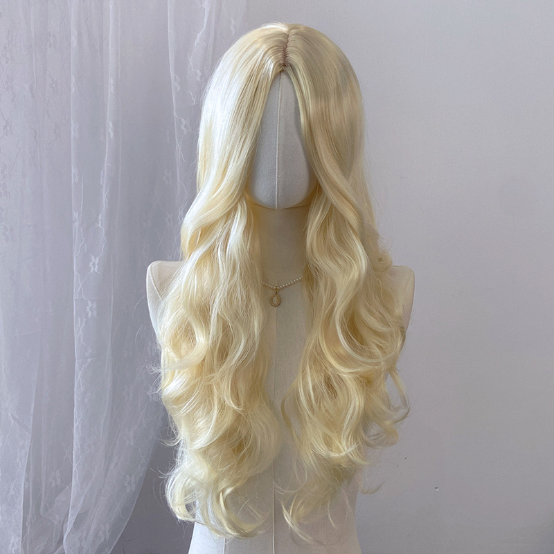 外国貿易スポットゴールドロングカーリーヘアウィッグ、クロスボーダー欧米女性用ミディアム分け目ビッグウェーブ化学繊維ヘッドギア、メーカー卸売|undefined