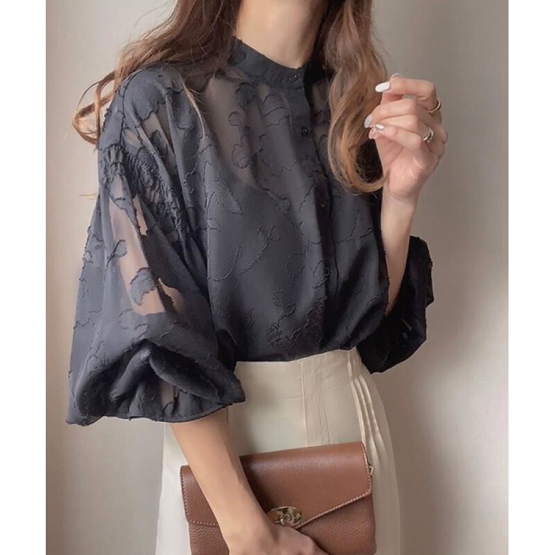 4 Color 4 Size Japanese Rakuten Summer New Flower Jacquard Lantern Sleeve Transparent Shirt