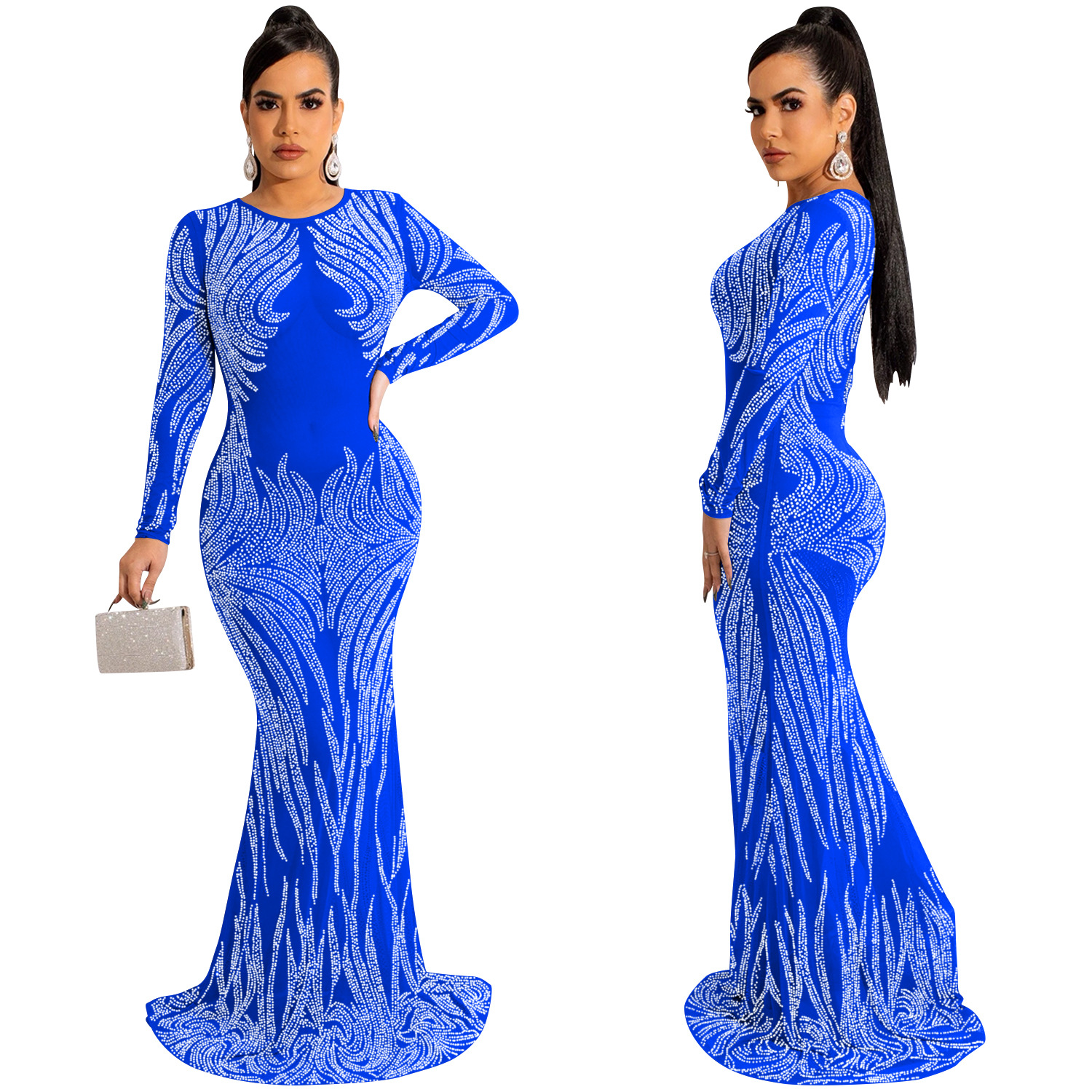 Hot Drilling Mesh See-Through Long-Sleeved Trailing Prom Dress NSXYZ110906