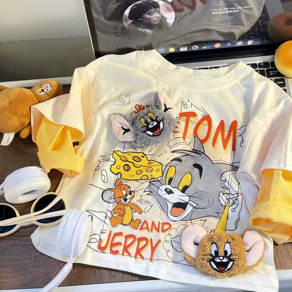 Футболка с длинным рукавом для мальчиков, хлопок, 3D Tom & Jerry, демисезон, бежевый