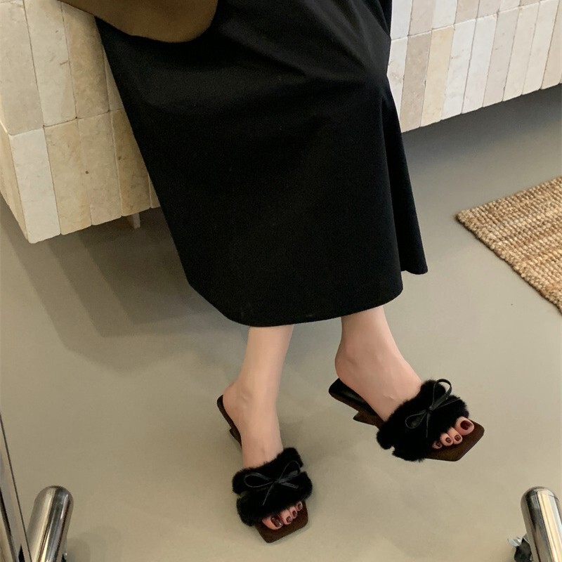 方头露趾蝴蝶结异形跟毛毛拖鞋女外穿2025秋季高级感一字棉拖鞋|undefined