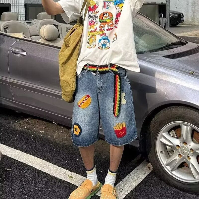 Cute cartoon towel embroidery cropped jeans for men and women, vintage niche casual wide-leg versatile shorts