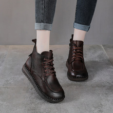 秋冬新款真皮舒适防滑手工上线女靴头层牛皮软底软面妈妈平底单鞋